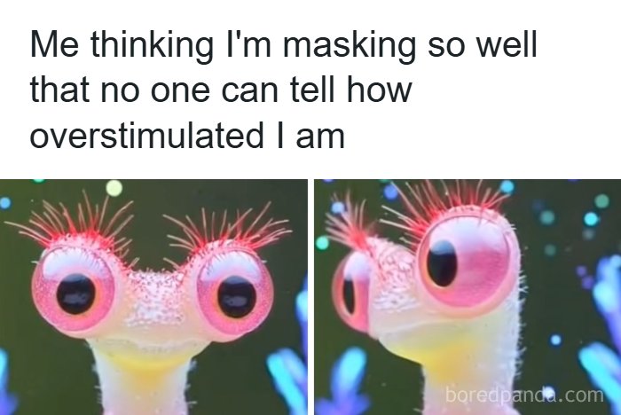 A meme with wide eyes illustrating trying not to look overstimulated, a relatable ADHD meme