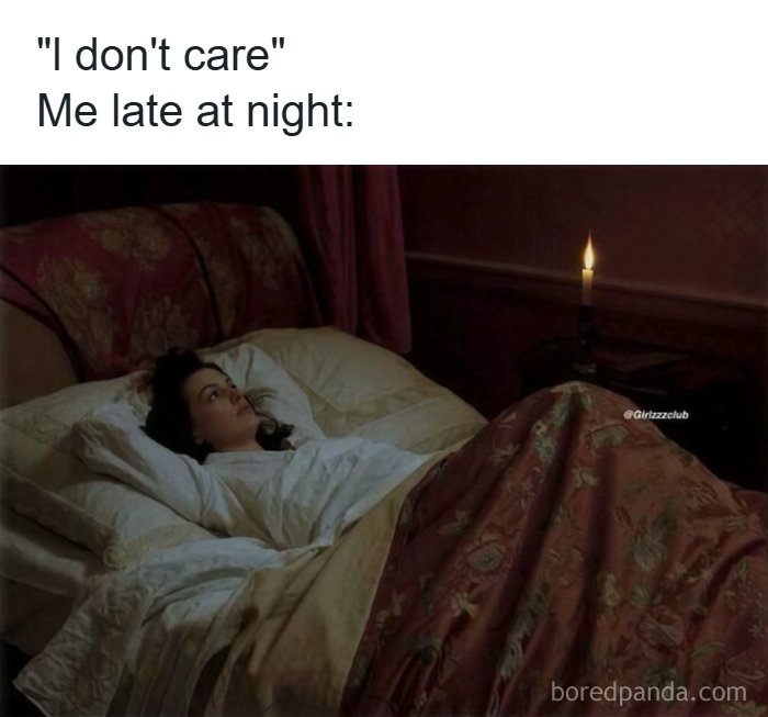 A woman lying awake in bed under a blanket, showing funny memes about being a woman overthinking late at night.