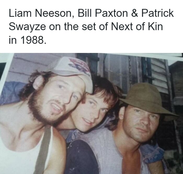 A remarkable photo showing the past on the set of Next of Kin with Liam Neeson, Bill Paxton, and Patrick Swayze