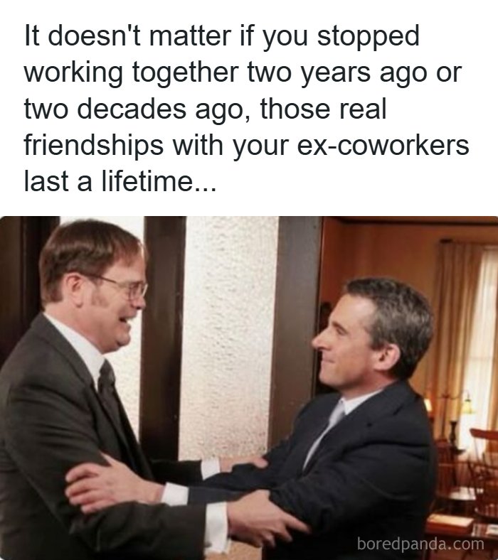 Two men smiling and embracing showing strong friendships among ex-coworkers about working for a living