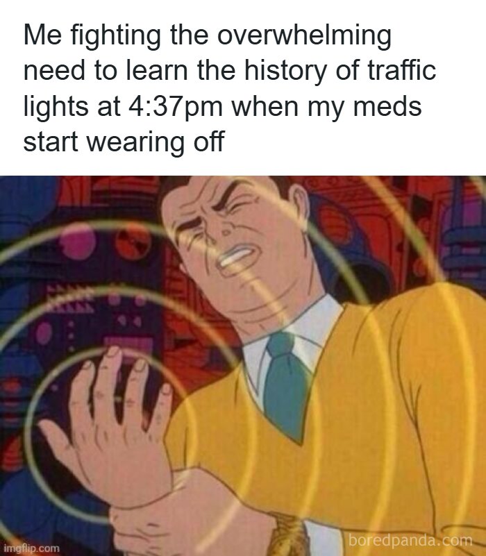 Funny ADHD memes comic of a man fighting the urge to hyperfocus on random facts as meds wear off