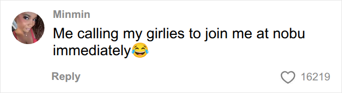 A social media comment about calling friends to join at Nobu during a first date. A social media comment about calling friends to join at Nobu during a first date.