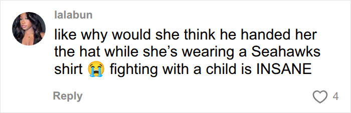 User comment highlighting the absurdity of a Karen who tries to steal NFL hat from kid in a Seahawks shirt. User comment highlighting the absurdity of a Karen who tries to steal NFL hat from kid in a Seahawks shirt.