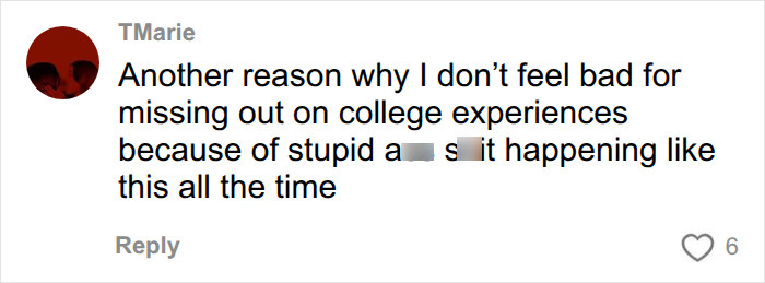 Social media comment about missing college experiences due to fraternity issues Social media comment about missing college experiences due to fraternity issues