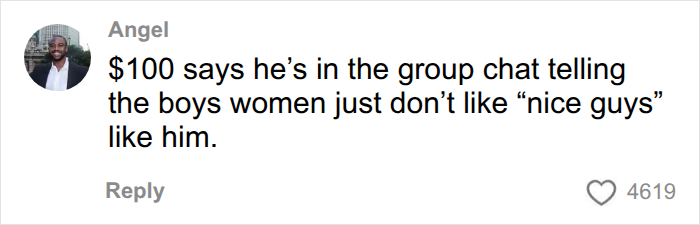 A social media post about a first date gone too far, mentioning a nice guys excuse A social media post about a first date gone too far, mentioning a nice guys excuse