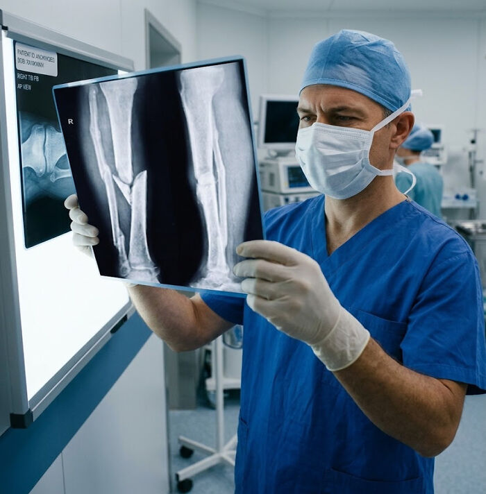 A doctor in scrubs and a mask examining an X-ray of a broken arm, reviewing pain reactions.