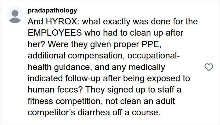 A social media post with a user criticizing HYROX CEO's response to an athlete who soiled herself during a race.