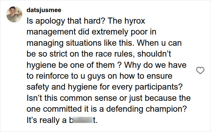 Social media comment displaying intense backlash on HYROX CEO after athlete soiled herself during race.
