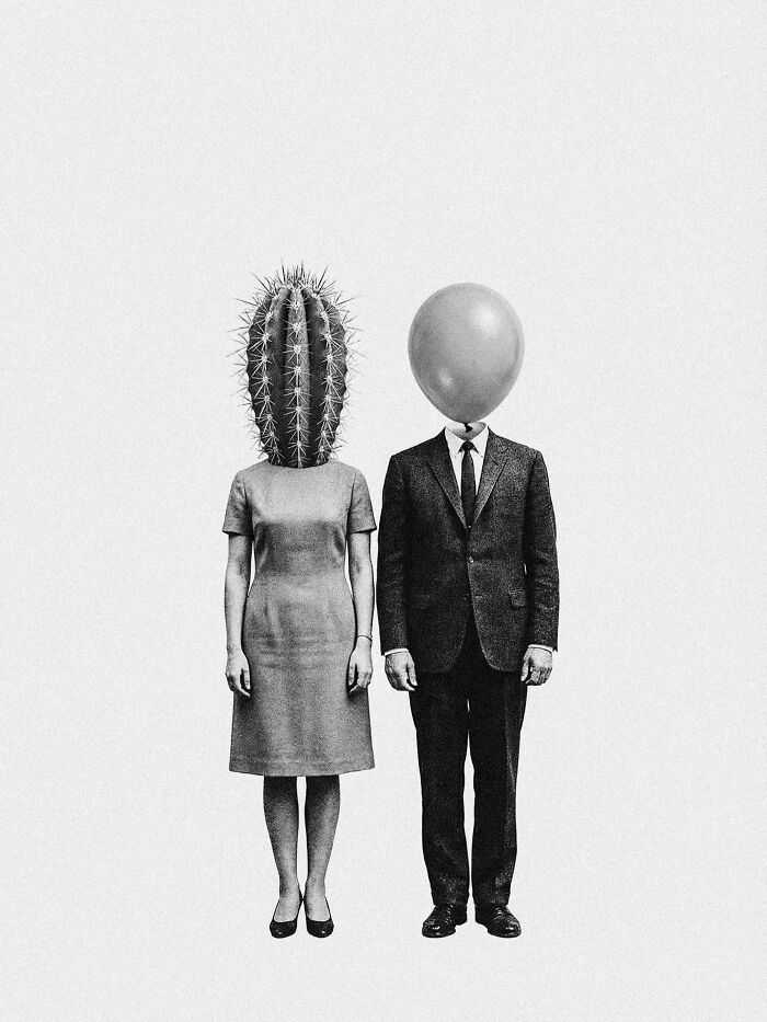 Two figures with a cactus and a balloon for heads, a surreal and dystopian image by Marcus Wallinder.