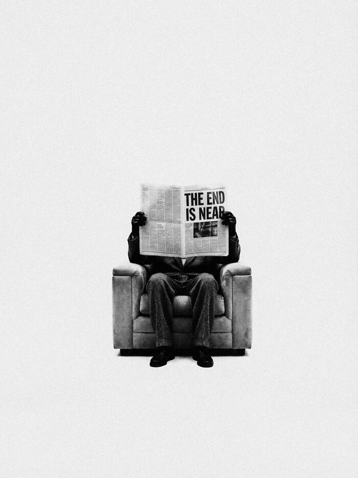 A figure in a chair reading a newspaper with 'THE END IS NEAR', a dystopian image by Marcus Wallinder.