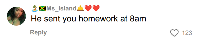 User comment laughing that the first date started with homework sent at eight in the morning. User comment laughing that the first date started with homework sent at eight in the morning.