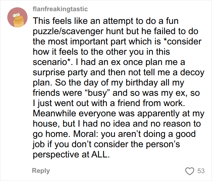 Detailed comment criticizing the multi-level video game date for ignoring the other person's perspective. Detailed comment criticizing the multi-level video game date for ignoring the other person's perspective.