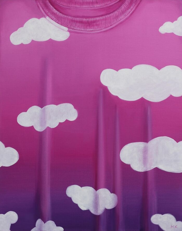 A vibrant pink jumper with white clouds, part of a striking portrait series capturing identity through clothing.