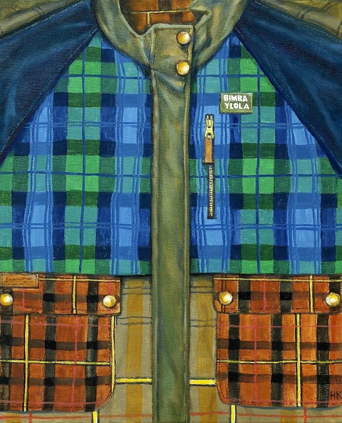 A detailed artistic portrait of a fur coat with green and blue plaid patterns, showcasing an identity through fashion.