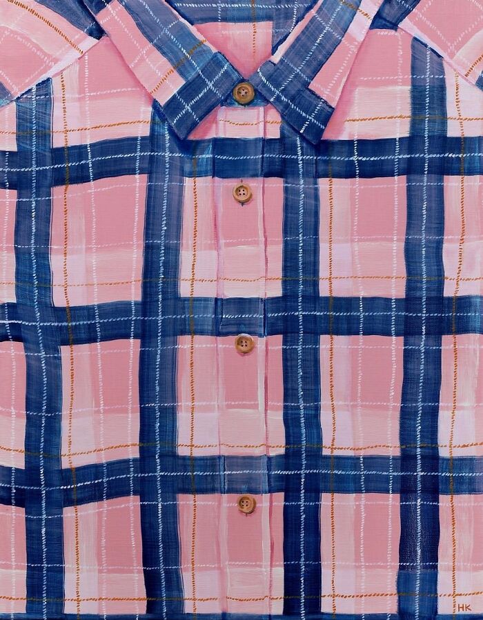 Artist creates striking portrait of identity with a pink and blue plaid shirt, detailed with a collar and buttons.