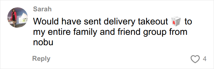 Comment on first date quests suggesting to order expensive Nobu takeout for family. Comment on first date quests suggesting to order expensive Nobu takeout for family.