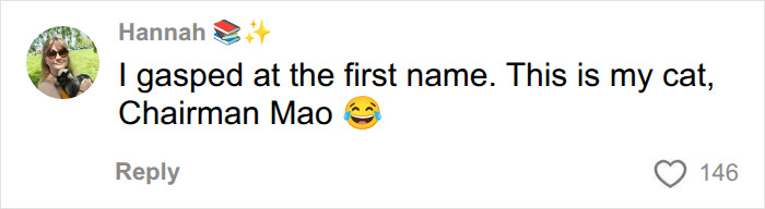 A social media comment with a person's cat named Chairman Mao, an example of a ridiculous pet name. A social media comment with a person's cat named Chairman Mao, an example of a ridiculous pet name.
