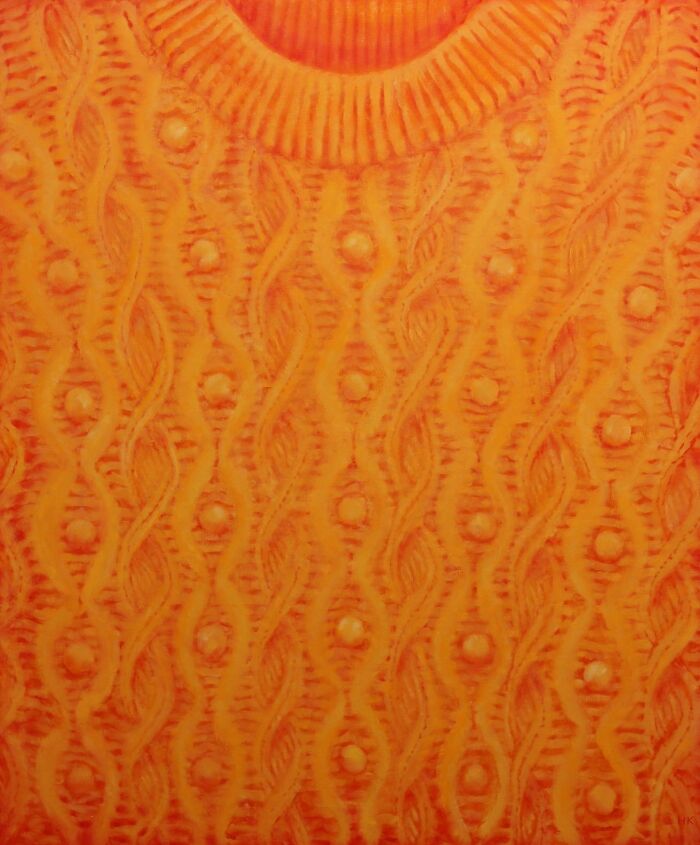 Artist painting of a textured orange jumper, highlighting striking portraits of identity through clothing.