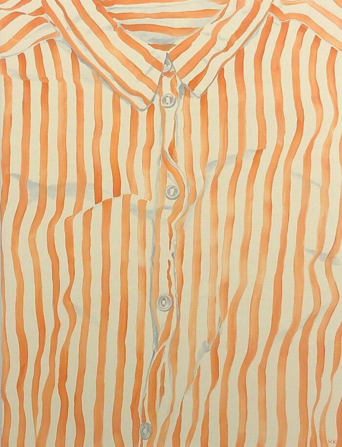 Artist painting of an orange and white striped jumper, showcasing striking portraits of identity through clothing.
