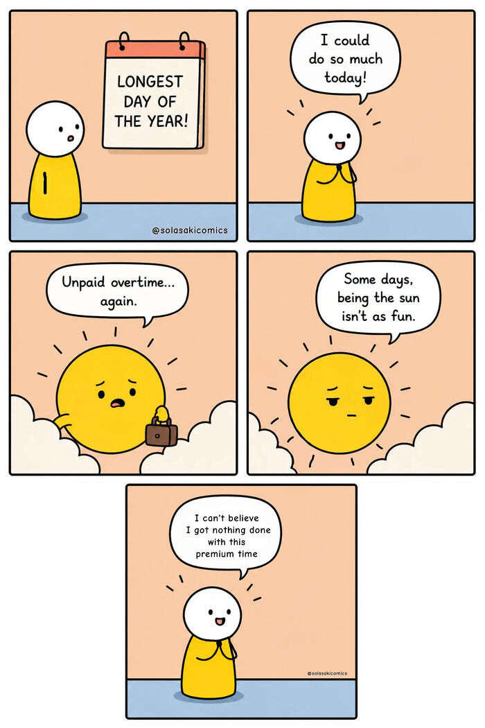 A clever comic showing a person's thoughts about the longest day of the year, from excitement to regret.