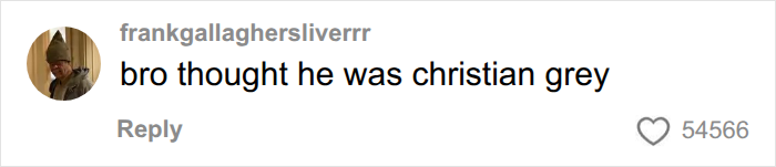 Social media comment mentioning Christian Grey in relation to a woman's first date. Social media comment mentioning Christian Grey in relation to a woman's first date.