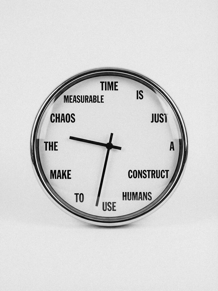 A clock with words instead of numbers, displaying a surreal and dystopian image by Marcus Wallinder.