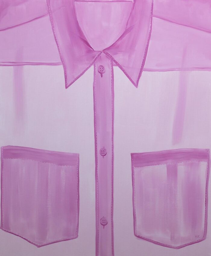 Striking portrait of identity: a sheer pink button-up shirt with two large, transparent pockets.