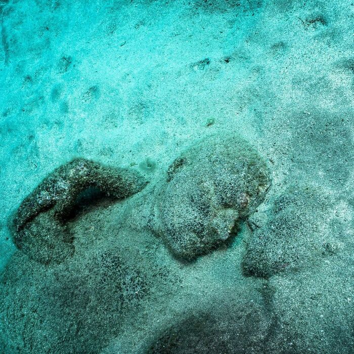 Underwater sculpture of a figure lying on the ocean floor, blending with the sand. Part of an underwater art gallery.