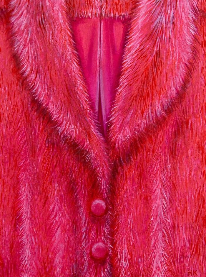 A vibrant striking portrait of identity, depicting a bright pink fur coat with two buttons, by an artist.