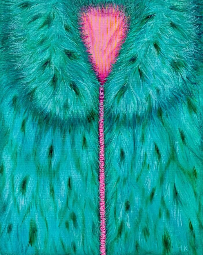 A striking portrait of identity featuring a teal fur coat with a bright pink zipper, by an artist.