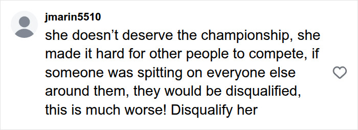 A social media post with a user criticizing the HYROX athlete who soiled herself, stating she should be disqualified.