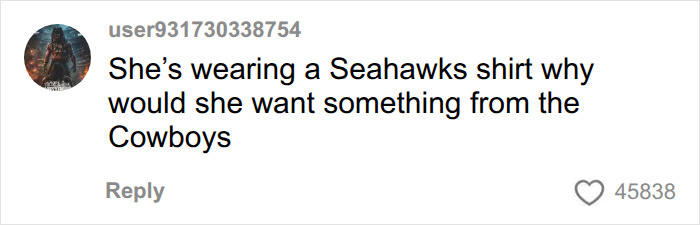 Social media comment about a fan wearing a Seahawks shirt wanting a Cowboys item Social media comment about a fan wearing a Seahawks shirt wanting a Cowboys item