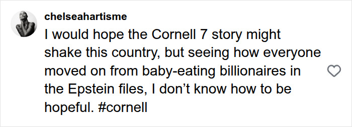 Social media post discussing the Cornell fraternity case and comparing it to other major stories. Social media post discussing the Cornell fraternity case and comparing it to other major stories.