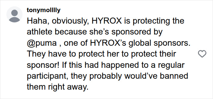 HYROX CEO backlash: User comment suggesting HYROX protects its sponsored athlete after the race incident.