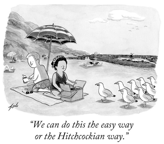 Couple at the beach with seagulls referencing Hitchcock in a clever comic