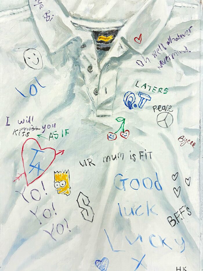 An artist's rendition of a white slogan t-shirt covered in playful doodles, a striking portrait of identity.