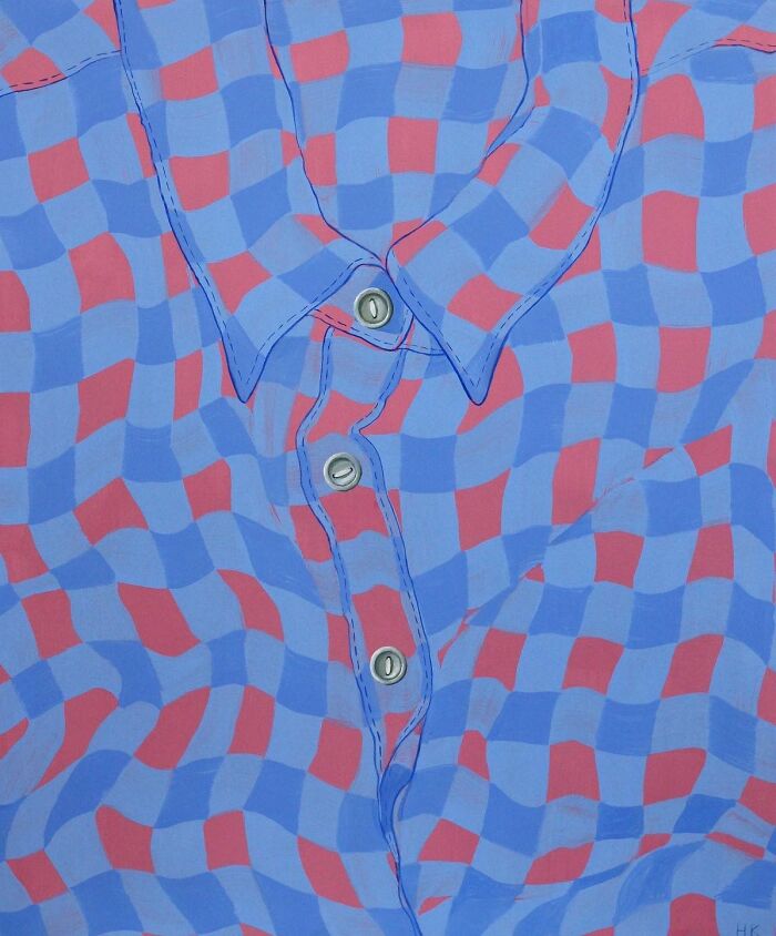 Artist Turns T-Shirts into Striking Portraits: a blue and pink checkered shirt with wavy patterns.