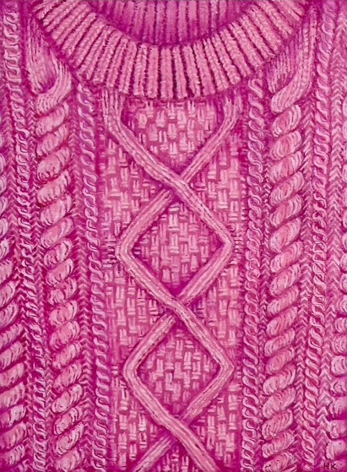 Artist Turns Jumpers into Striking Portraits: a vibrant pink cable knit jumper with intricate textures.