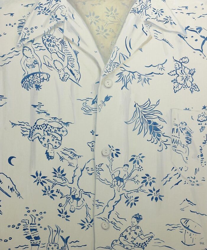Artist Turns T-Shirts into Striking Portraits: a white shirt with detailed blue scenic patterns.