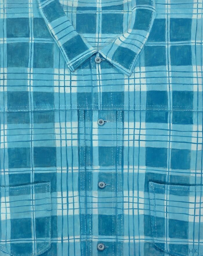 Artist Turns T-Shirts into Striking Portraits: a blue and white plaid shirt with multiple pockets.