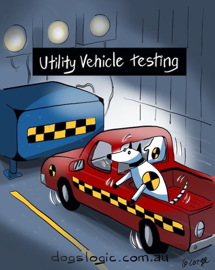 A funny Dog Logic cartoon depicting a dog acting as a crash test dummy in a utility vehicle test.
