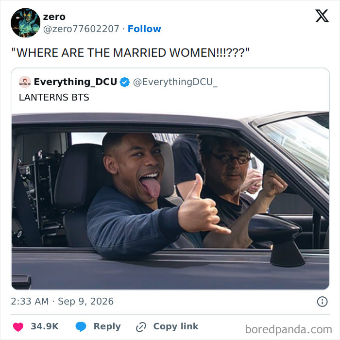 A man in a car making a funny face and thumbs up, behind-the-scenes for a superhero show, part of memes.