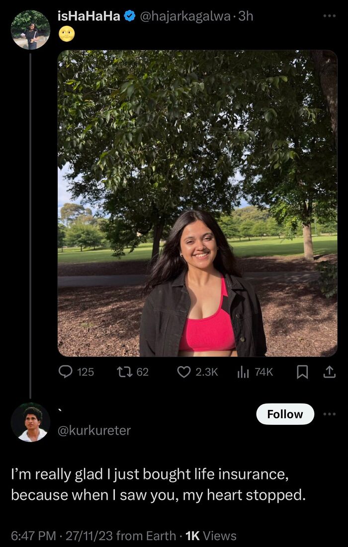 Smiling woman outdoors with Twitter comment about life insurance and heart stopped
