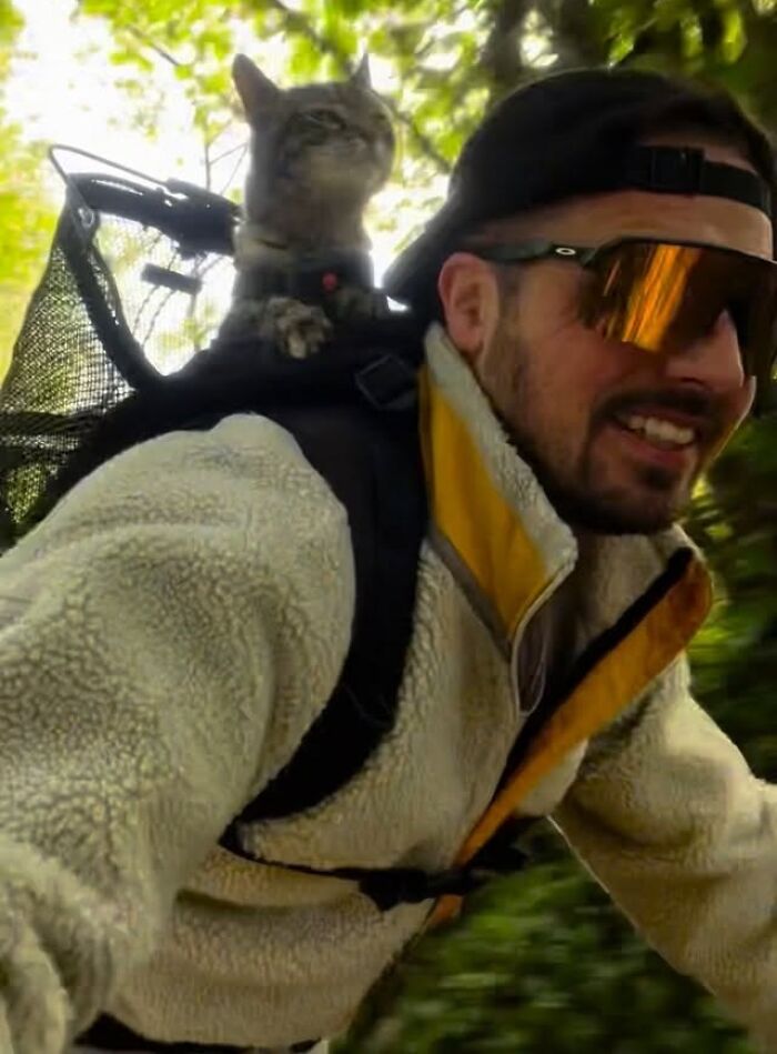 Owner and cat on a crazy adventure, with the cat riding in a backpack, enjoying the outdoors together.