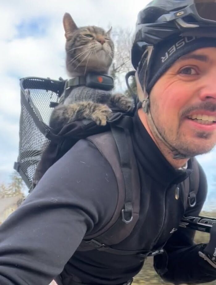 Owner and cat on a crazy adventure, the cat in a backpack while the owner bikes, sharing their journey.