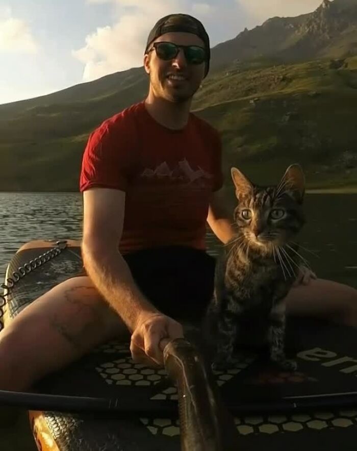 Owner and cat on a crazy adventure, paddling on a lake, enjoying the scenic view together.