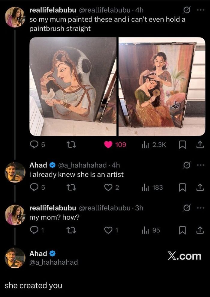 Images of paintings by starry-eyed lover's mother with art discussion
