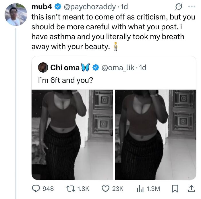 Tweet praising beauty in response to height question by starry-eyed lovers