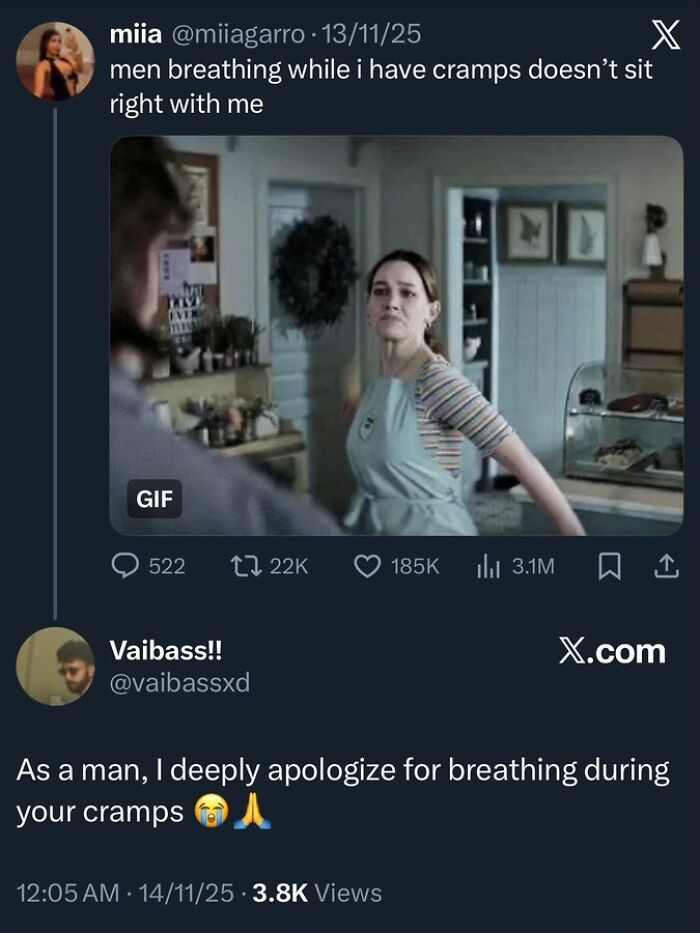 Tweet with a GIF of a woman looking annoyed and text about men breathing during cramps
