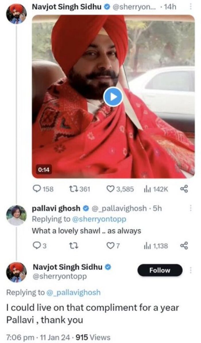 Man in red turban wearing a shawl with Twitter compliments about the shawl